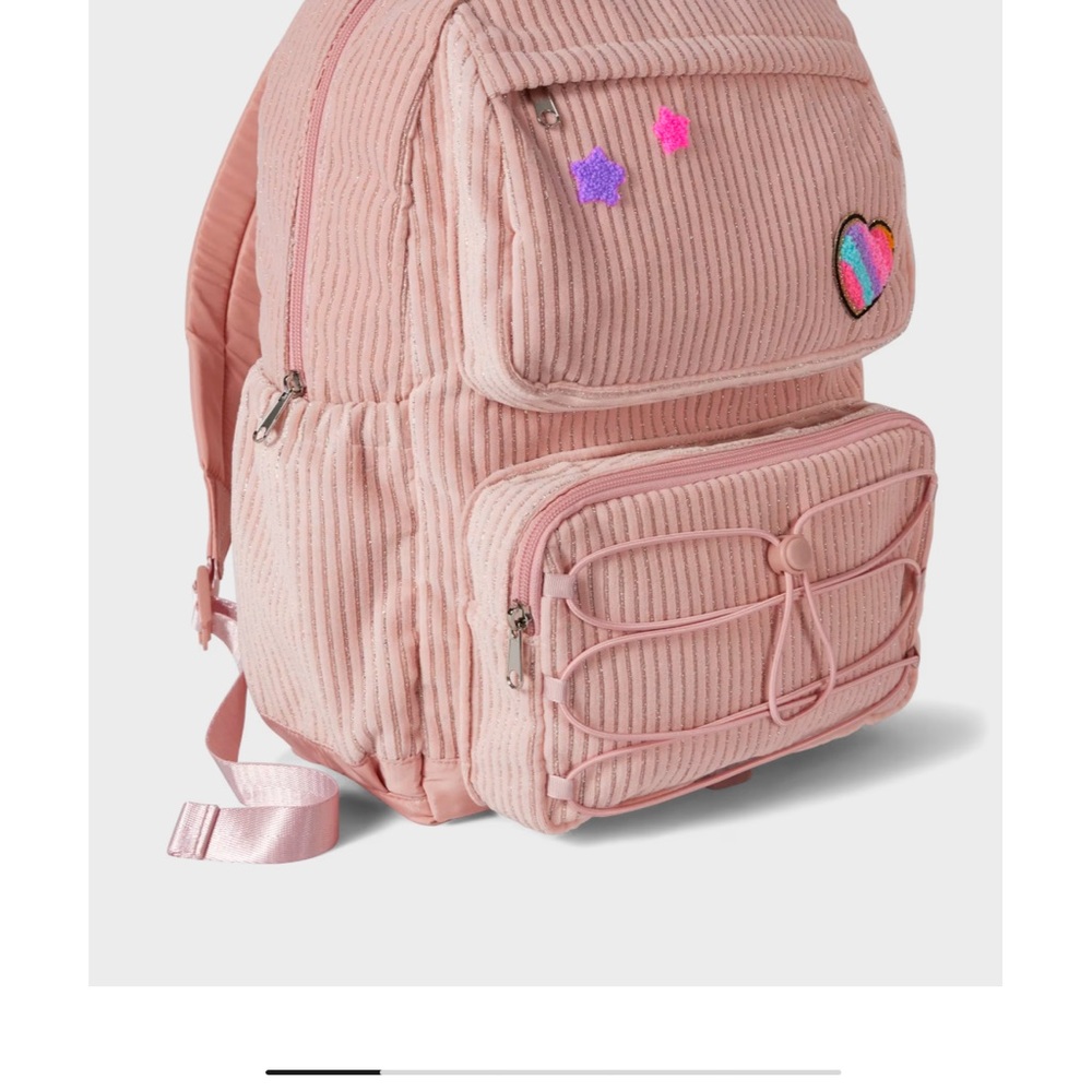 Kids Pink Corduroy School Backpack with Heart Patch